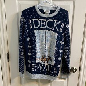 Game of Thrones Men’s Deck The Wall Ugly Christmas Sweater Navy Sky Blue Large